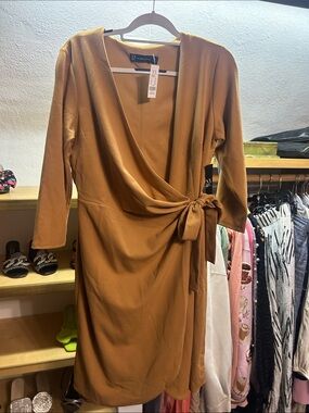 New York & Company Camel Wrap-Style Long Sleeve Midi Dress